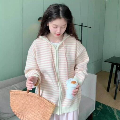 Vapetix S-L  freshtaro Cream Green/Light Pink/Tomato Red Hooded Striped Knitted Cardigan Sweater Women's Early S – Bild 4