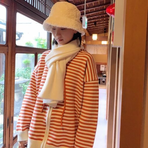 Vapetix S-L  freshtaro Cream Green/Light Pink/Tomato Red Hooded Striped Knitted Cardigan Sweater Women's Early S – Bild 5