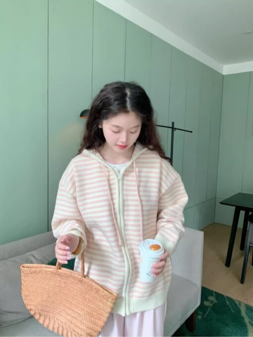 Vapetix S-L  freshtaro Cream Green/Light Pink/Tomato Red Hooded Striped Knitted Cardigan Sweater Women's Early S – Bild 6