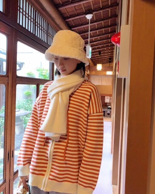 Vapetix S-L  freshtaro Cream Green/Light Pink/Tomato Red Hooded Striped Knitted Cardigan Sweater Women's Early S – Bild 7