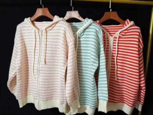 Vapetix S-L  freshtaro Cream Green/Light Pink/Tomato Red Hooded Striped Knitted Cardigan Sweater Women's Early S – Bild 9