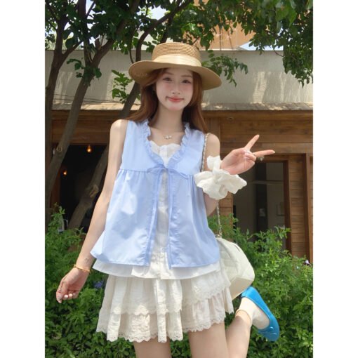 Vapetix M-2XL  Korean Sweet Blue Sleeveless Shirt Women 2025 Summer New Fashionable Design Ruffled Hem Fake Two-Pi