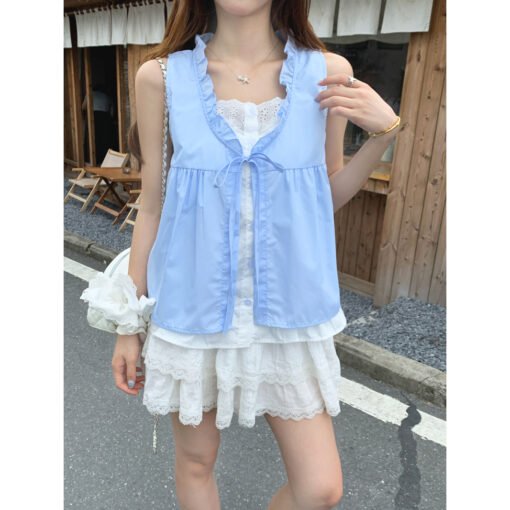 Vapetix M-2XL  Korean Sweet Blue Sleeveless Shirt Women 2025 Summer New Fashionable Design Ruffled Hem Fake Two-Pi – Bild 3