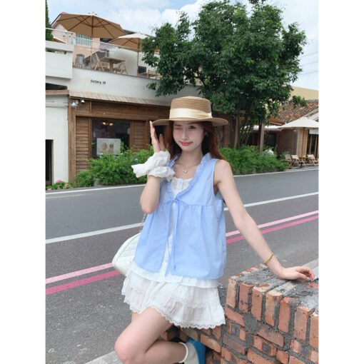 Vapetix M-2XL  Korean Sweet Blue Sleeveless Shirt Women 2025 Summer New Fashionable Design Ruffled Hem Fake Two-Pi – Bild 5