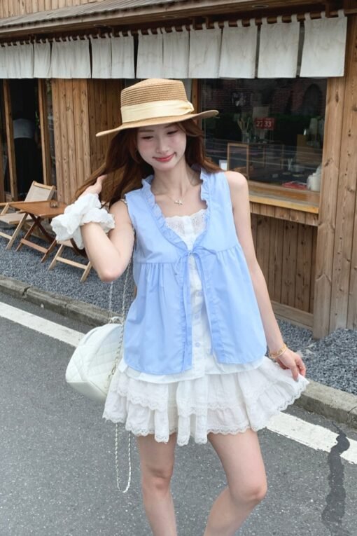Vapetix M-2XL  Korean Sweet Blue Sleeveless Shirt Women 2025 Summer New Fashionable Design Ruffled Hem Fake Two-Pi – Bild 6