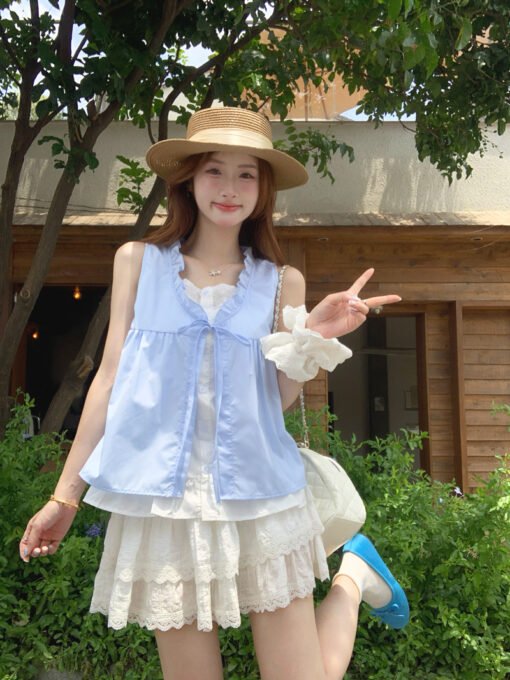 Vapetix M-2XL  Korean Sweet Blue Sleeveless Shirt Women 2025 Summer New Fashionable Design Ruffled Hem Fake Two-Pi – Bild 7