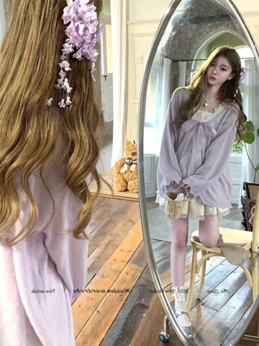 Vapetix S-L  Early Spring New French Style Lazy Gentle Bow Strap V-Neck Stitching Lace Two-Wearing Knitted Cardi – Bild 7