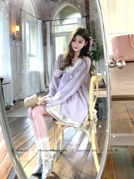 Vapetix S-L  Early Spring New French Style Lazy Gentle Bow Strap V-Neck Stitching Lace Two-Wearing Knitted Cardi – Bild 8