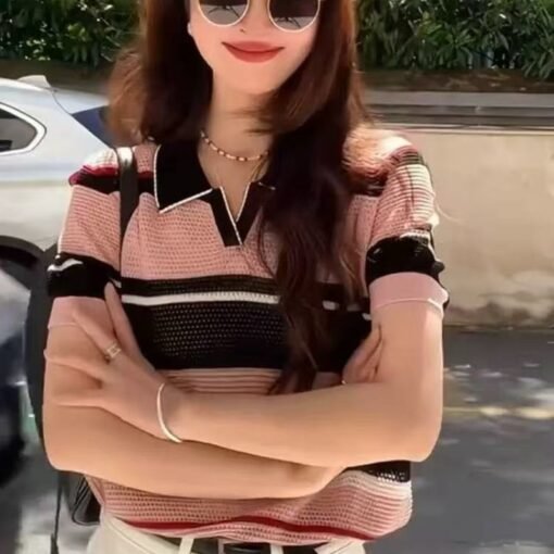 Vapetix Free Size-Free Size  Age-defying color-block striped fresh style women's short-sleeve T-shirt 2025 summer new half-colla
