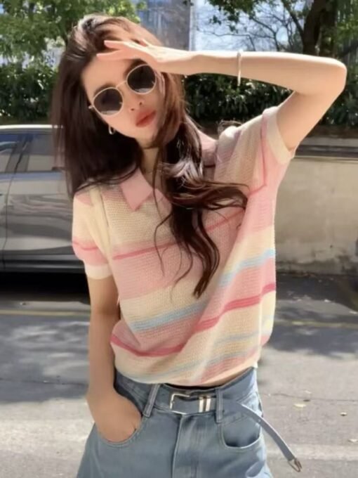 Vapetix Free Size-Free Size  Age-defying color-block striped fresh style women's short-sleeve T-shirt 2025 summer new half-colla – Bild 3