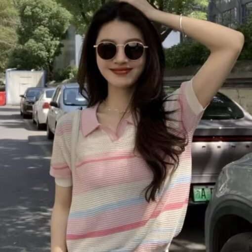 Vapetix Free Size-Free Size  Age-defying color-block striped fresh style women's short-sleeve T-shirt 2025 summer new half-colla – Bild 6