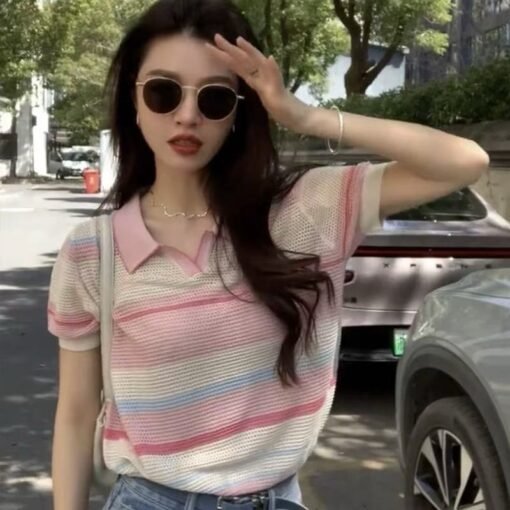 Vapetix Free Size-Free Size  Age-defying color-block striped fresh style women's short-sleeve T-shirt 2025 summer new half-colla – Bild 8