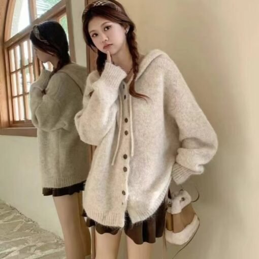 Vapetix S-L  Soft Waxy Gentle Style Hooded Sweater Coat Women's Autumn and Winter New Lazy Style Sweet Knitted C – Bild 4