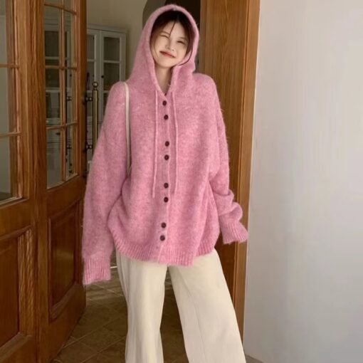 Vapetix S-L  Soft Waxy Gentle Style Hooded Sweater Coat Women's Autumn and Winter New Lazy Style Sweet Knitted C – Bild 5