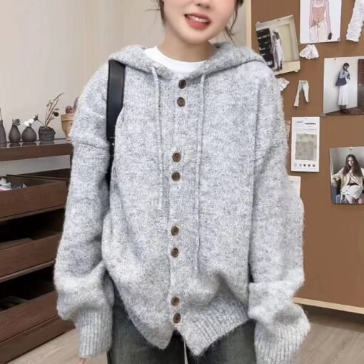 Vapetix S-L  Soft Waxy Gentle Style Hooded Sweater Coat Women's Autumn and Winter New Lazy Style Sweet Knitted C – Bild 6