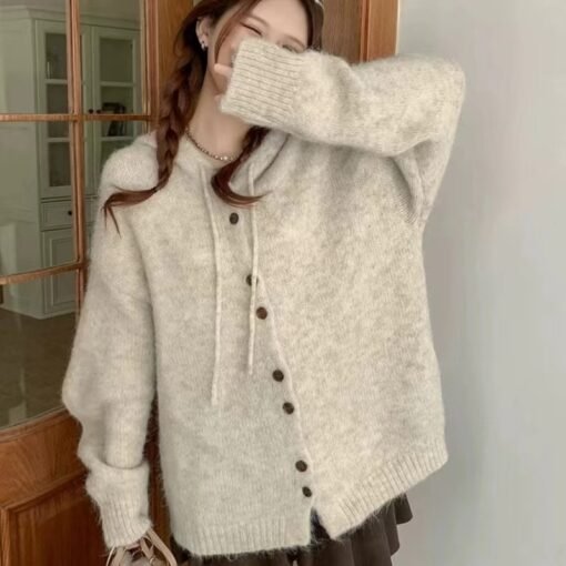 Vapetix S-L  Soft Waxy Gentle Style Hooded Sweater Coat Women's Autumn and Winter New Lazy Style Sweet Knitted C – Bild 8