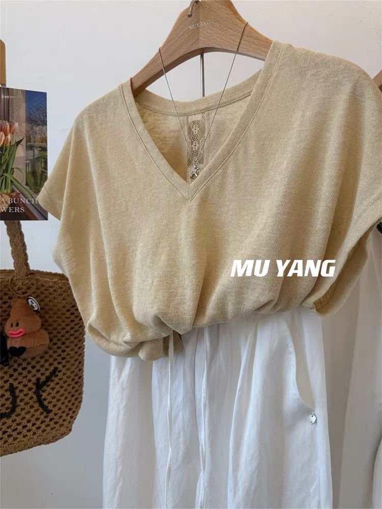 Vapetix M-4XL Women's Loose Short-Sleeve T-Shirt with Lace V-Neck, 300 Pounds Special Code Back - 图片 3