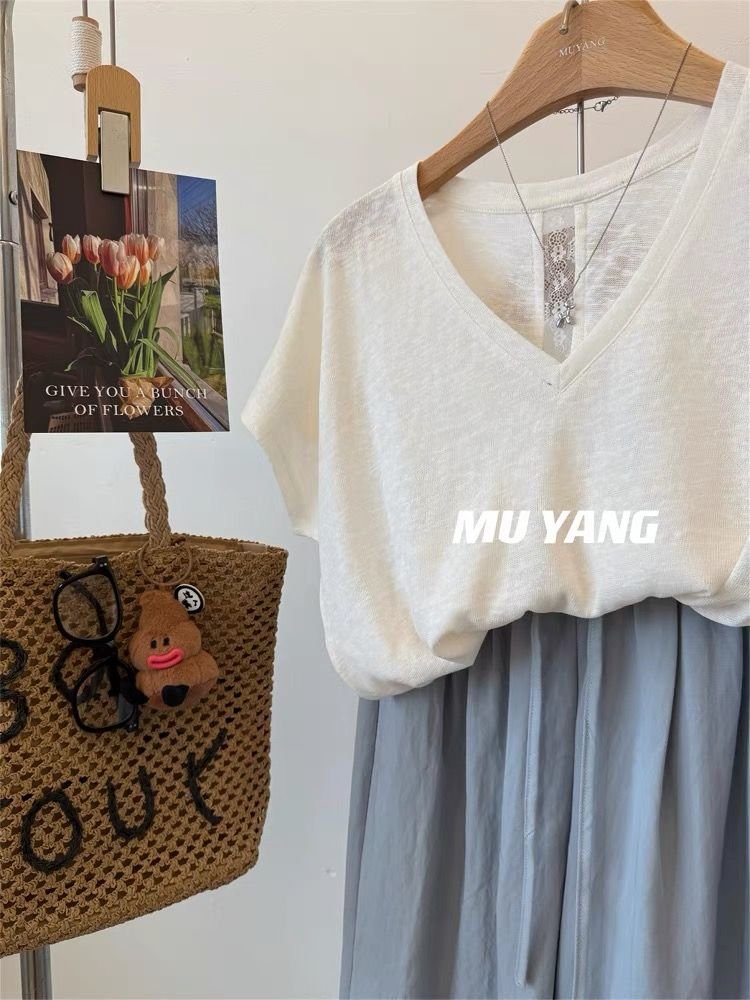 Vapetix M-4XL Women's Loose Short-Sleeve T-Shirt with Lace V-Neck, 300 Pounds Special Code Back - 图片 4