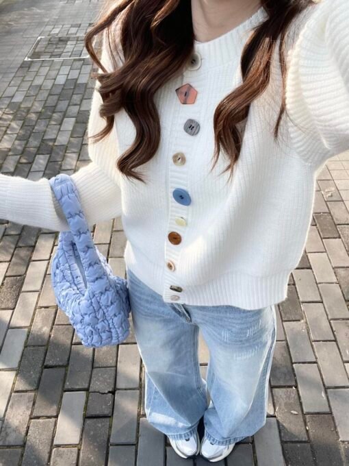 Vapetix S-L  Sweet White Single Breasted Sweater Cardigan Women's 2025 Spring New Korean Loose Knitted Jacket – Bild 3