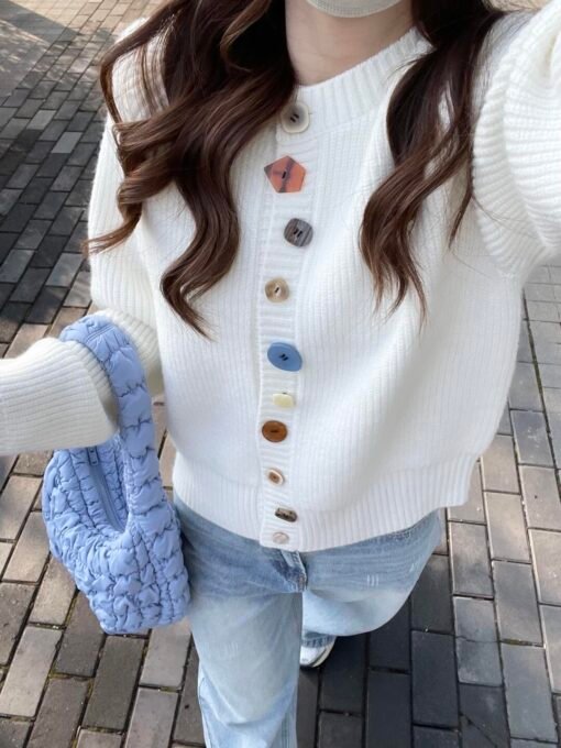 Vapetix S-L  Sweet White Single Breasted Sweater Cardigan Women's 2025 Spring New Korean Loose Knitted Jacket – Bild 7