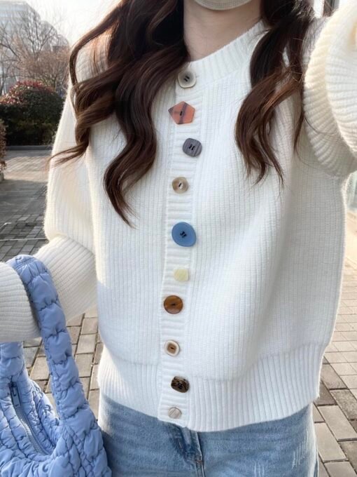 Vapetix S-L  Sweet White Single Breasted Sweater Cardigan Women's 2025 Spring New Korean Loose Knitted Jacket – Bild 9
