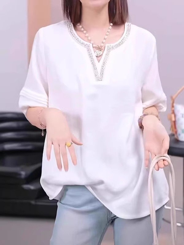 Vapetix M-4XL Women's Summer 2025 New Oversized V-Neck T-Shirt for Plus Size, Slimming Loose Fit, Muscle-Hiding,