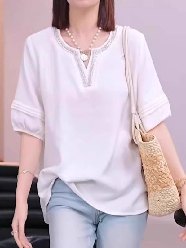 Vapetix M-4XL Women's Summer 2025 New Oversized V-Neck T-Shirt for Plus Size, Slimming Loose Fit, Muscle-Hiding, - 图片 6