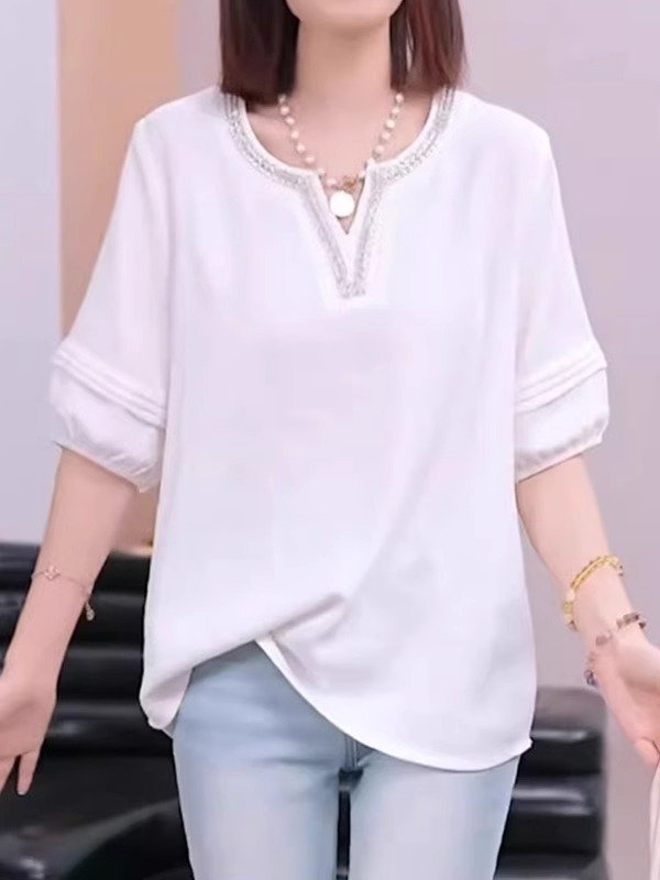 Vapetix M-4XL Women's Summer 2025 New Oversized V-Neck T-Shirt for Plus Size, Slimming Loose Fit, Muscle-Hiding, - 图片 7