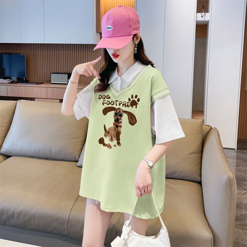 Vapetix M-2XL Women's Summer New Loose-Fitting Short-Sleeve T-Shirt with Pinstripe and Fake Two-Piece Design, Exc – Bild 8