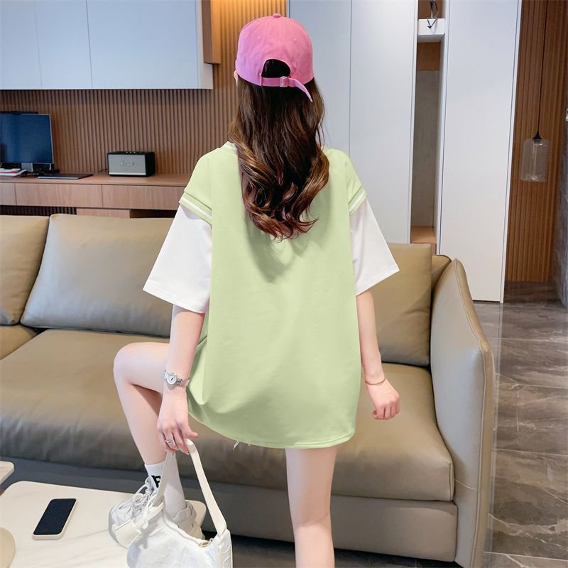 Vapetix M-2XL Women's Summer New Loose-Fitting Short-Sleeve T-Shirt with Pinstripe and Fake Two-Piece Design, Exc – Bild 9