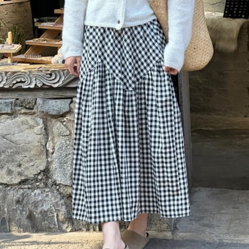 Vapetix S-2XL  Women's Red Grid Patchwork Semi-Body Skirt 2025 New Retro Mini V-Neck Maxi Skirt College Style Hip