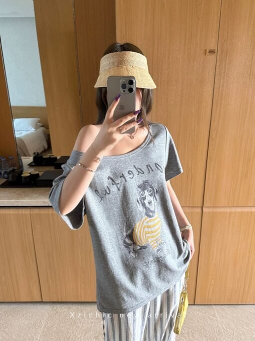 Vapetix Free Size-Free Size  Xzichic Trendy! Women's High-End Shoulder-Strap Short-Sleeve T-Shirt with Sausage Dog Print - 2025