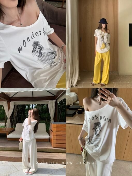Vapetix Free Size-Free Size  Xzichic Trendy! Women's High-End Shoulder-Strap Short-Sleeve T-Shirt with Sausage Dog Print - 2025 - Afbeelding 2