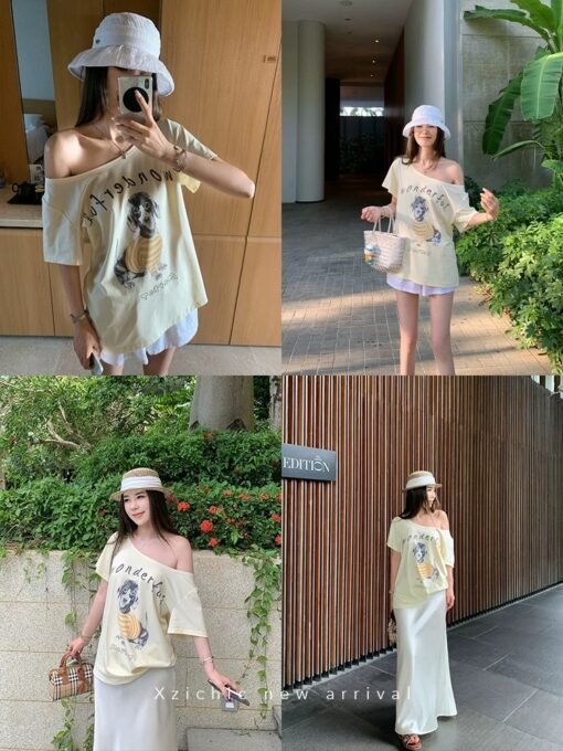 Vapetix Free Size-Free Size  Xzichic Trendy! Women's High-End Shoulder-Strap Short-Sleeve T-Shirt with Sausage Dog Print - 2025 - Afbeelding 4