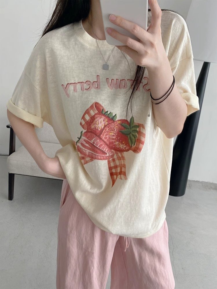 Vapetix S-3XL Official Image: 21-pieces Pure Cotton 210g 100% Cotton Versatile Japanese Strawberry Print Short-Sl – Bild 2