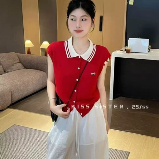 Vapetix One size fits all-One size fits all  2025 Summer Lapel Collar Korean Style Ice Silk Small-sleeved Knitted Cardigan Women's Trendy Short - Afbeelding 2