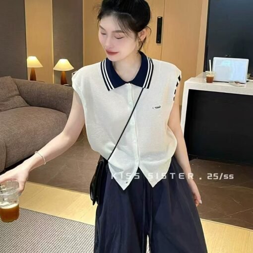 Vapetix One size fits all-One size fits all  2025 Summer Lapel Collar Korean Style Ice Silk Small-sleeved Knitted Cardigan Women's Trendy Short - Afbeelding 4