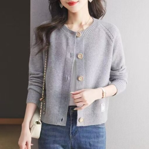 Vapetix S-L  Wool Sweater Women's 2025 Spring and Autumn New Solid Color High Waist Short Knitted Cardigan Outer - Obrázek 2