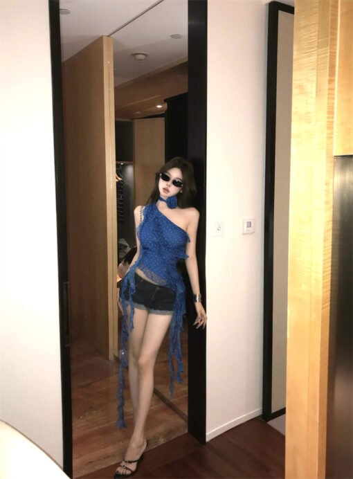 Vapetix S-M  Real shot irregular blue polka dot off-shoulder strap ruffled hem slim sleeveless outerwear design