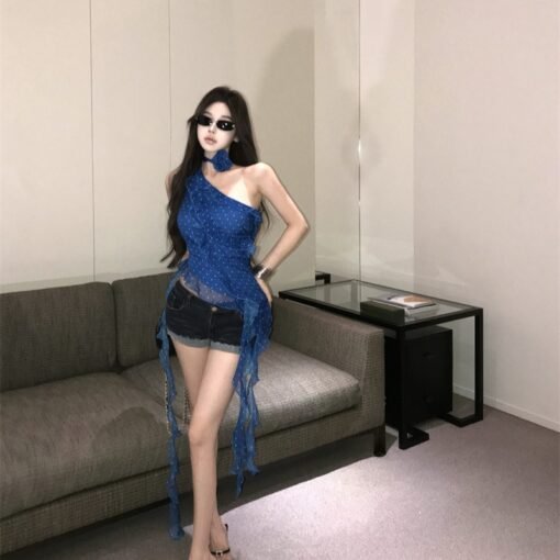 Vapetix S-M  Real shot irregular blue polka dot off-shoulder strap ruffled hem slim sleeveless outerwear design – Bild 5