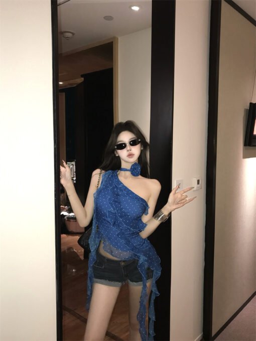 Vapetix S-M  Real shot irregular blue polka dot off-shoulder strap ruffled hem slim sleeveless outerwear design – Bild 6
