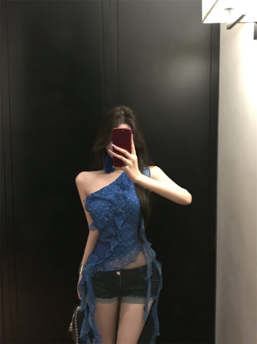 Vapetix S-M  Real shot irregular blue polka dot off-shoulder strap ruffled hem slim sleeveless outerwear design – Bild 9