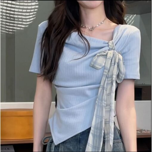 Vapetix S-XL  Original fabric blue straight shoulder t-shirt women's summer short sleeve irregular French style s