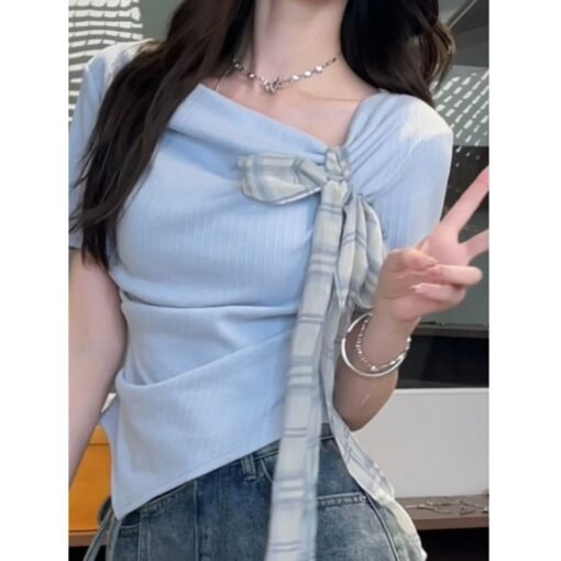 Vapetix S-XL  Original fabric blue straight shoulder t-shirt women's summer short sleeve irregular French style s - Imagen 4