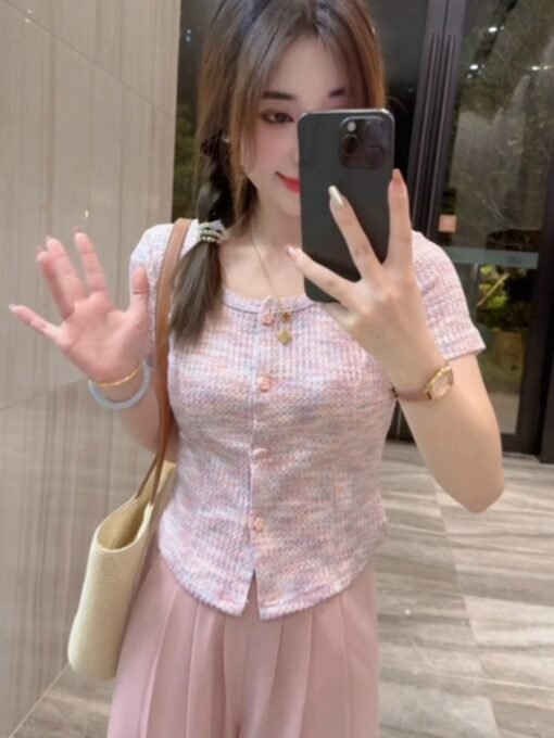 Vapetix S-XL  Original fabric 220g Sweet U-neck short-sleeved straight shoulder t-shirt women's pure desire slimm
