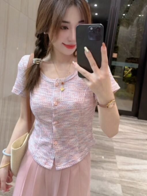 Vapetix S-XL  Original fabric 220g Sweet U-neck short-sleeved straight shoulder t-shirt women's pure desire slimm - Imagen 2