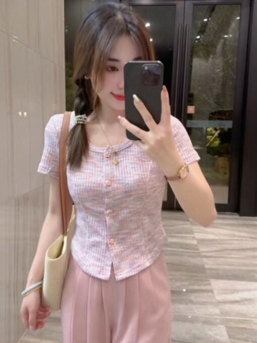 Vapetix S-XL  Original fabric 220g Sweet U-neck short-sleeved straight shoulder t-shirt women's pure desire slimm - Imagen 3