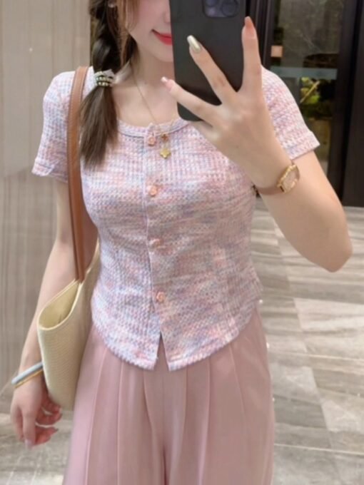 Vapetix S-XL  Original fabric 220g Sweet U-neck short-sleeved straight shoulder t-shirt women's pure desire slimm - Imagen 4