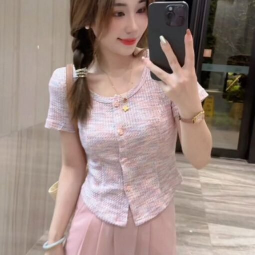 Vapetix S-XL  Original fabric 220g Sweet U-neck short-sleeved straight shoulder t-shirt women's pure desire slimm - Imagen 5