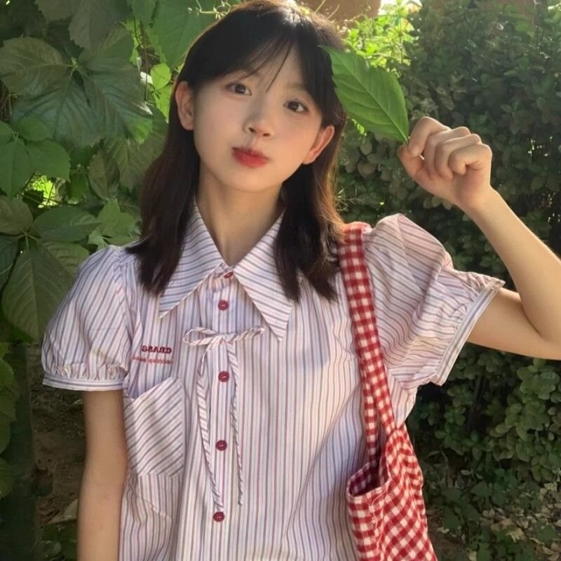 Vapetix S-2XL Women's Summer New College Style Striped Short Sleeve Shirt with Bowknot and Bubbling Sleeve, Uncom - 图片 6